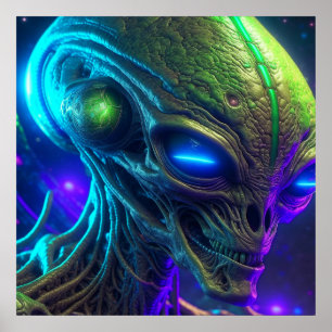 Creepy Alien Head med Glowing Blue Ögon Poster