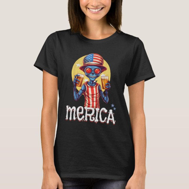 Creepy Alien July 4th Drinking Beer Merica USA T Shirt (Framsida)
