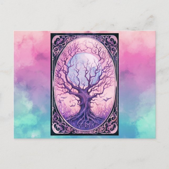 Creepy Barren Träd full Moon Smoke Halloween Helg Vykort (Framsida)