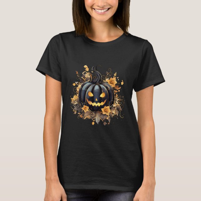 Creepy Black Jack-O's Lantern Black Halloween T Shirt (Framsida)