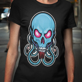 Creepy Blue Gothic Stilized Tentacle Skull T Shirt