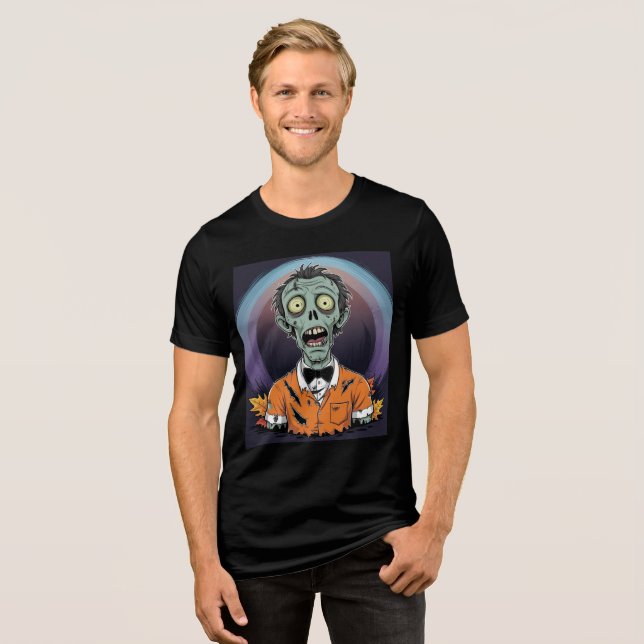 Creepy Cartoon Zombie in Orange Halloween Shirt T Shirt (Framsida Full)