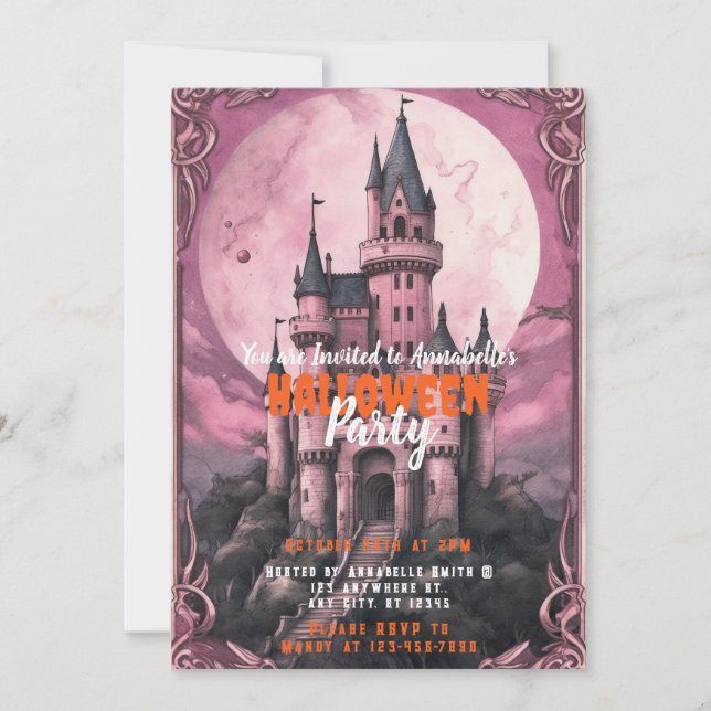 Creepy Castle Full Moon Rosa Himlar Halloween fest Inbjudningar (Framsida)