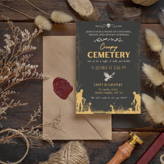 Creepy Cemetery Black och Guld Inbjudningar (Creepy Cemetery Black and Gold Invitation Cover from The Beekeeper Store)