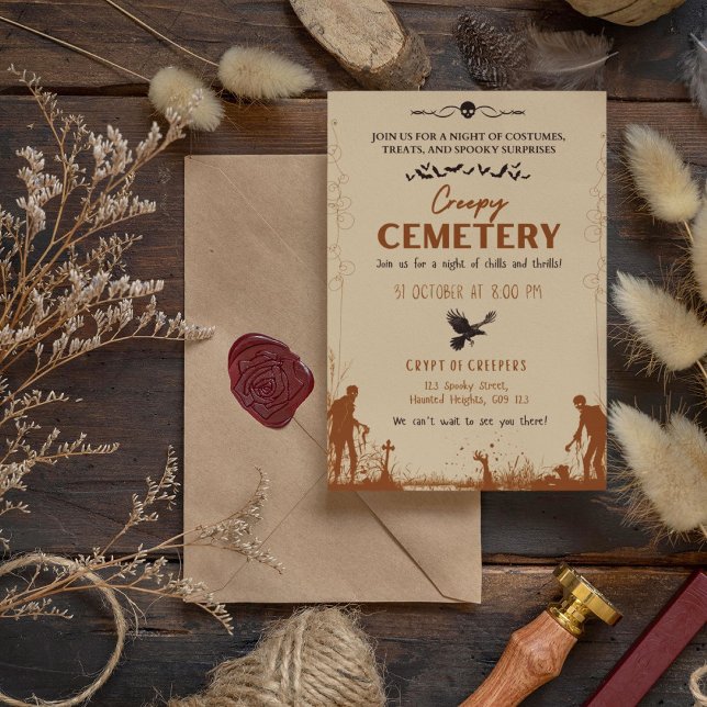 Creepy Cemetery Brown med rökig svart accent Inbjudningar (Creepy Cemetery Brown with Smoky Black Accent Invitation Cover from The Beekeeper Store)