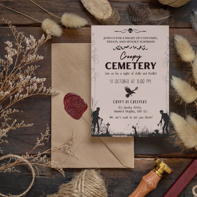 Creepy Cemetery Dusty Red and Black Inbjudningar (Creepy Cemetery Dusty Red and Black Cover from The Beekeeper Store)