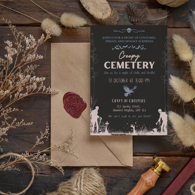 Creepy Cemetery Dusty Red med blå accent Inbjudningar (Creepy Cemetery Dusty Red with Blue Accent Invitation Cover from The Beekeeper Store)