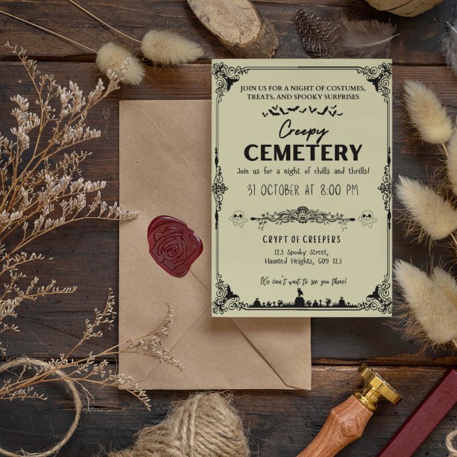 Creepy Cemetery Mörk Vanilla med svart accent Inbjudningar (Creepy Cemetery Dark Vanilla with Black Accent Invitation Cover from The Beekeeper Store)