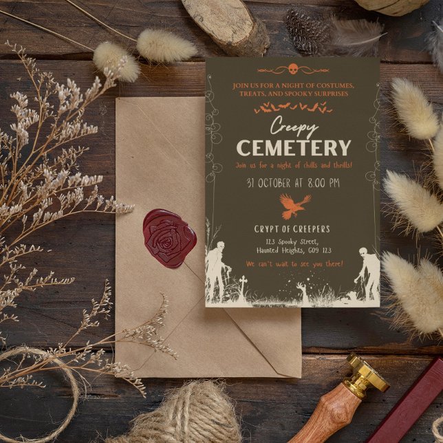 Creepy Cemetery Pearl with Carrot Orange accent Inbjudningar (Creepy Cemetery Pearl with Carrot Orange Accent Invitation Cover from The Beekeeper Store)