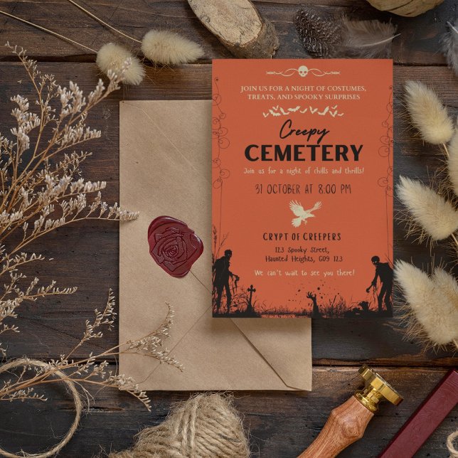 Creepy Cemetery Vermilion med Mörk Vanilla Accent Inbjudningar (Creepy Cemetery Vermilion with Dark Vanilla Accent Invitation Cover from The Beekeeper Store)
