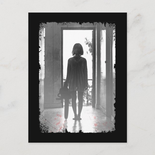 Creepy Chainszawa Girl Horror Mörk Art Vykort (Framsida)
