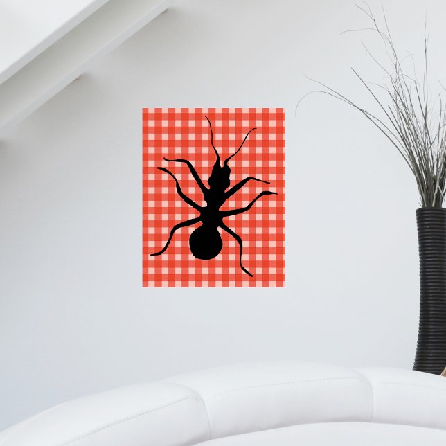 Creepy Crawly Ant Play Tablecloth Original Art Poster (Big black ant on picnic tablecloth red white plaid pattern on wall art poster.)