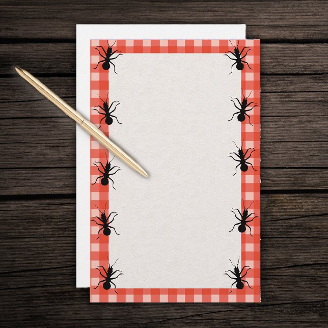 Creepy Crawly Ants Play Tablecloth Brevpapper (Marching black ants around red and white tablecloth plaid border on white writing stationery.)
