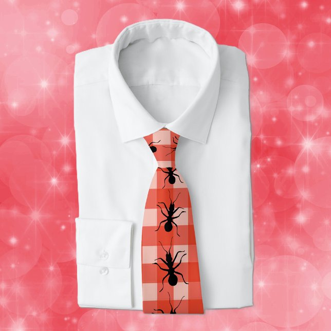 Creepy Crawly Ants Play Tablecloth Slips (Big crawling black ants on red white checkered tablecloth plaid neck tie.)