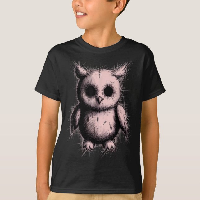 Creepy Cute Goth Owl Horror Sketch Alt Nge Evil  T Shirt (Framsida)