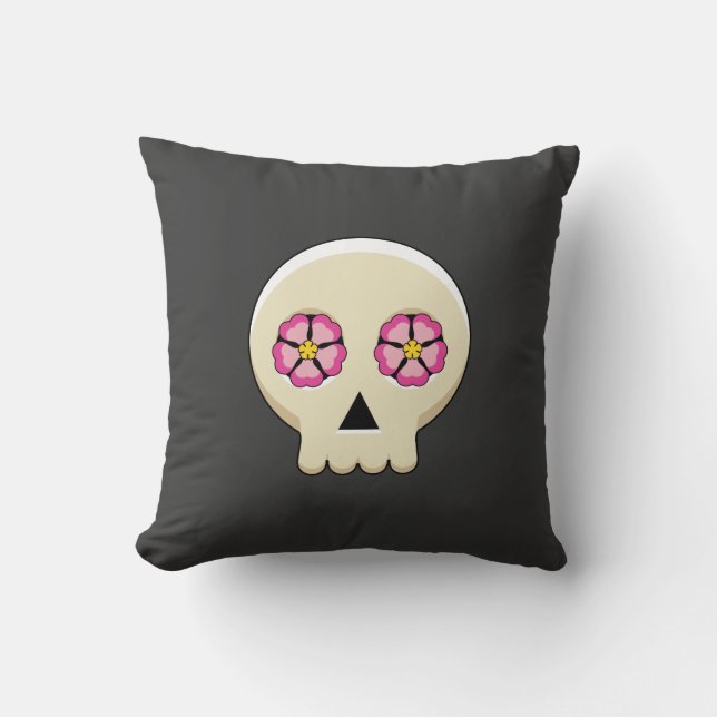 Creepy Cute Kawaii Goth Skull med blommor Kudde (Framsida)