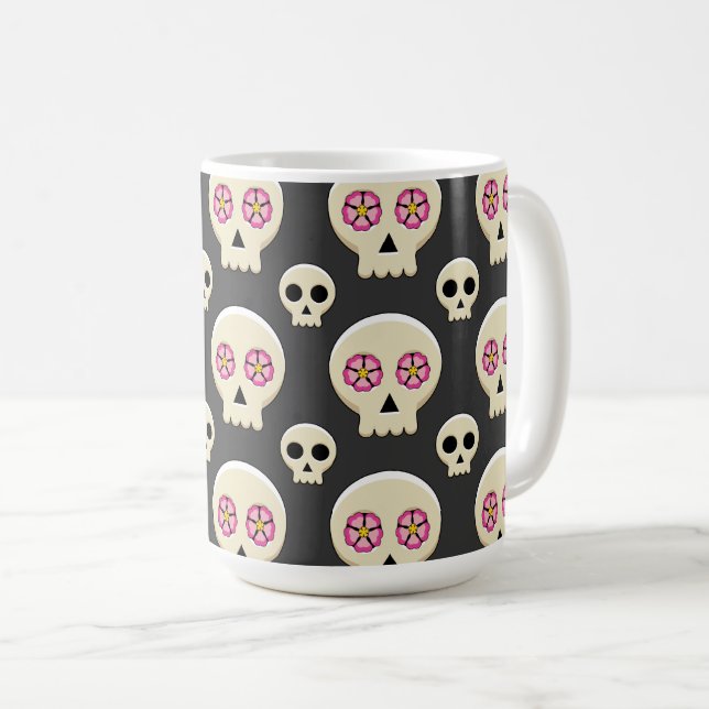 Creepy Cute Kawaii Goth Skull med blommor Mönster Kaffemugg (Framsida höger)