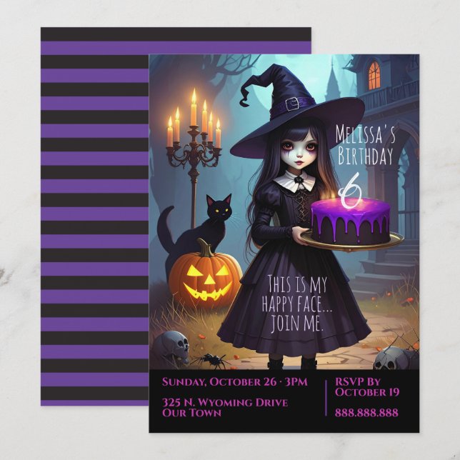 Creepy Cute, Lila Witch Birthday, Gothic Theme Inbjudningar (Fram/baksida)