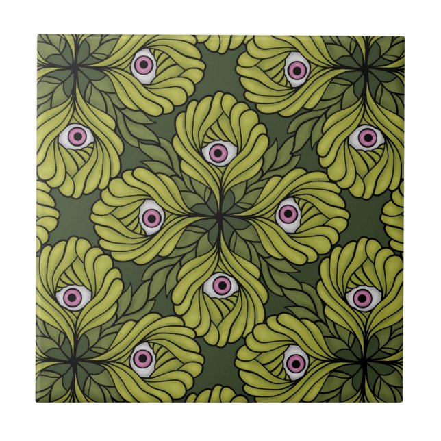 Creepy Cute Plant Vår Grönt Fantasy Art Mönster Kakelplatta (Framsidan)