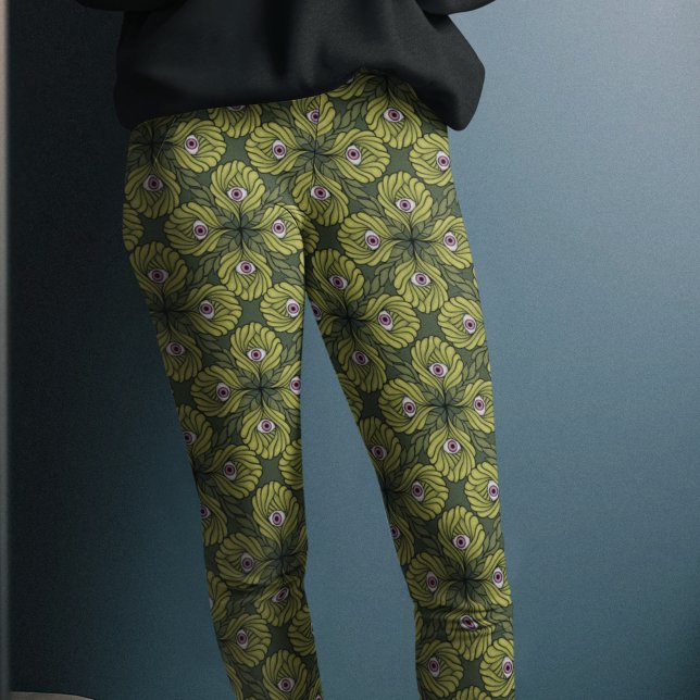 Creepy Cute Plant Vår Grönt Fantasy Art Mönster Leggings (Skapare uppladdad)