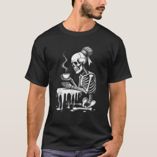 Creepy Cute Skeleton Drinking Coffee Funny Gothic T Shirt