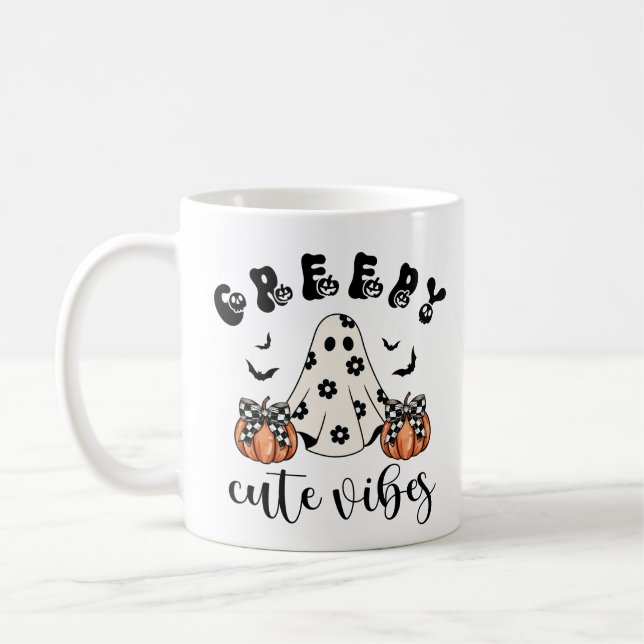 Creepy Cute Vibes Retro Ghost & Pumpkin Coquette Kaffemugg (Vänster)