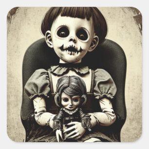 Creepy Doll med en gammal Vintage, avbländad docka Fyrkantigt Klistermärke
