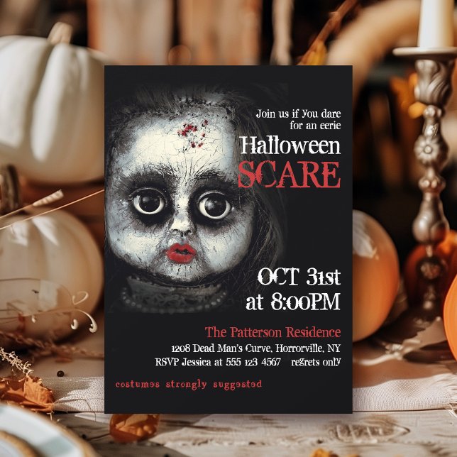Creepy Eerie Gothic Doll Halloween fest Inbjudningar (Available in both printed and instant download digital formats.)