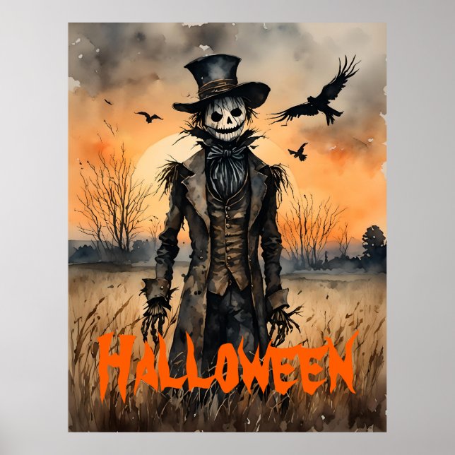 Creepy Fågelskrämma och Kråkor Halloween Poster (Framsidan)