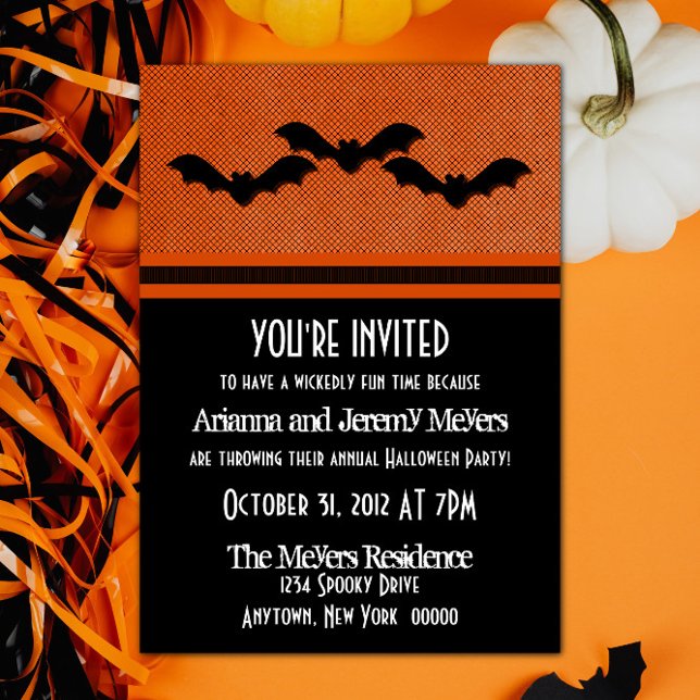 Creepy Fladdermöss Halloween fest Inbjudan, Orange Inbjudningar (Creepy Bats Halloween Party Invite - Orange)
