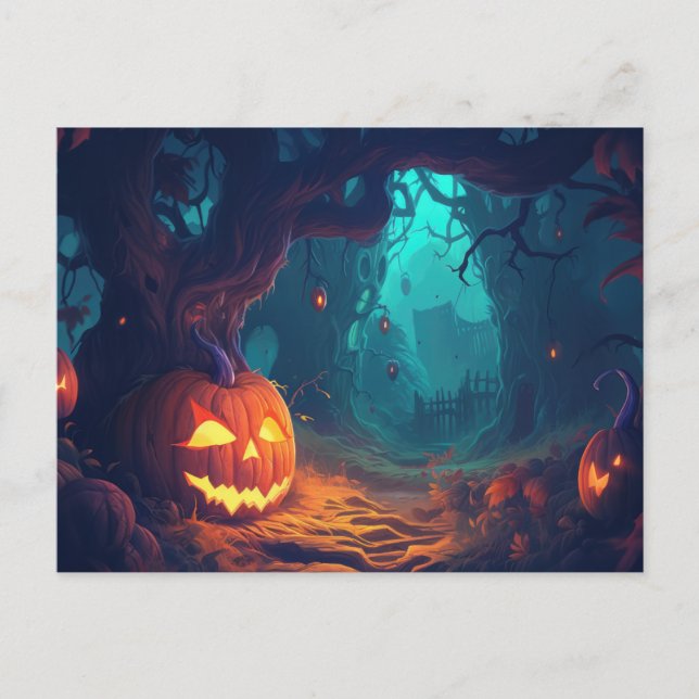 Creepy Forest med Jack-O'Lanternor Halloween Helg Vykort (Framsida)