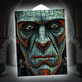 Creepy Frankenstein Monster Crackled Ansikte Close Helg Vykort