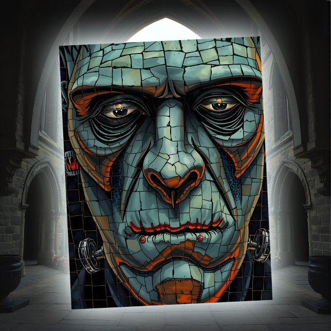 Creepy Frankenstein Monster Crackled Ansikte Close Helg Vykort (Crackled Frankenstein face postcard with eerie gray-green skin and droopy, haunting eyes.)