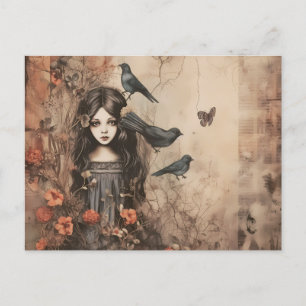 Creepy Girl with Black Birds and Flowers Halloween Helg Vykort