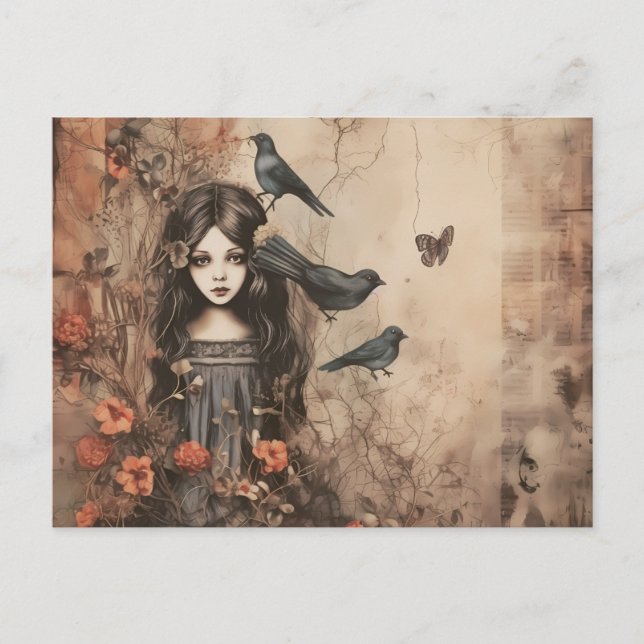 Creepy Girl with Black Birds and Flowers Halloween Helg Vykort (Framsida)