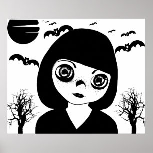 Creepy Goth Child Fladdermöss måne Halloween Art A Poster