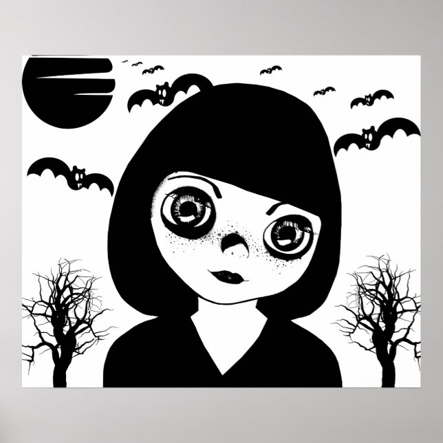 Creepy Goth Child Fladdermöss måne Halloween Art A Poster (Framsidan)
