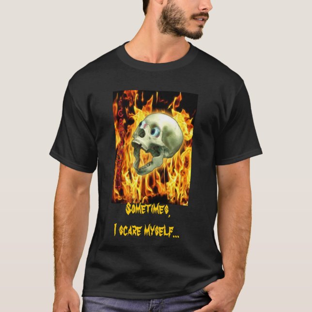 Creepy Gothic Skull, Flames, Halloween Horror T-shirt (Framsida)