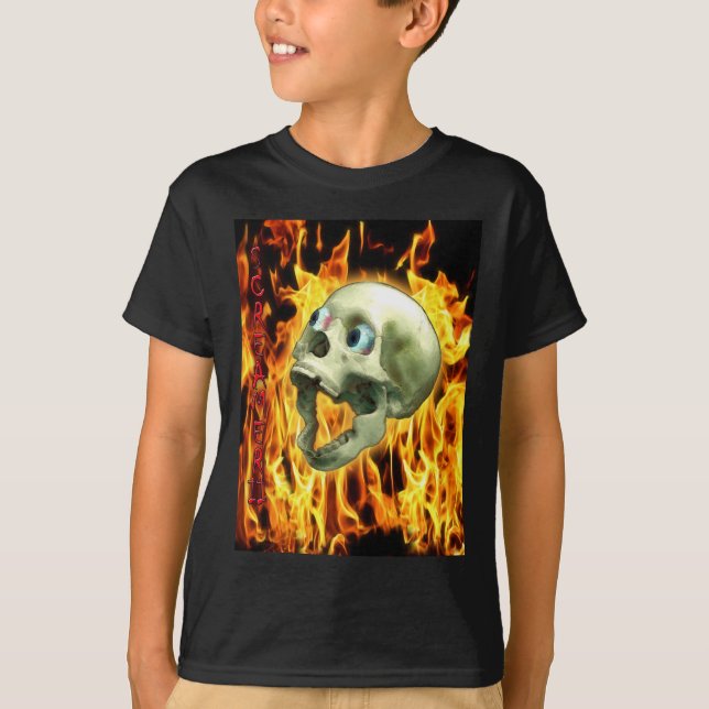 Creepy Gothic Skull, Flames, Halloween Horror Tee (Framsida)