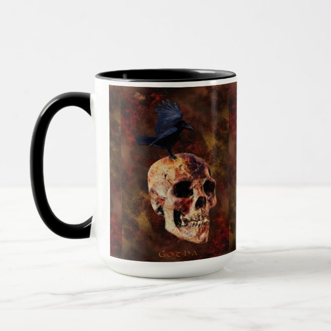 Creepy Gothic Skull och Kråka - Halloween Horror Mugg (Vänster)