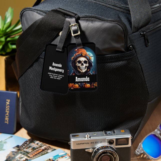 Creepy Grinning Skeleton Halloween Bagagebricka (Fram & Baksida)