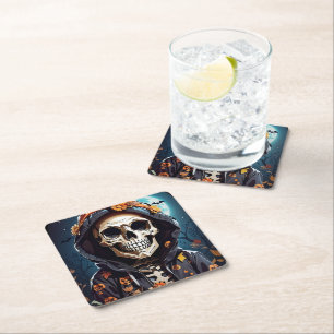 Creepy Grinning Skeleton Halloween Underlägg Papper Kvadrat
