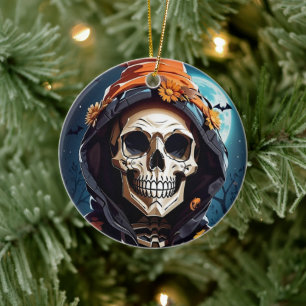 Creepy Grinning Skull Halloween Julgransprydnad Keramik