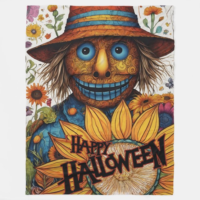 Creepy Halloween-Fågelskrämma med solblommor Fleecefilt (Framsidan)