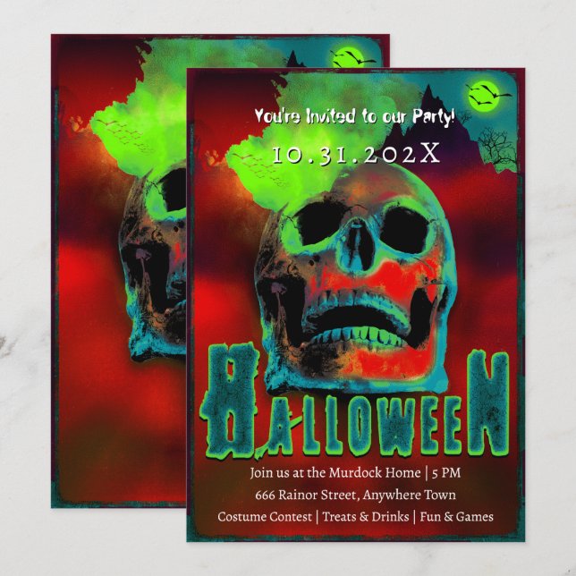 Creepy Halloween fest Zombies Neon Scary Skull Inbjudningar (Fram/baksida)