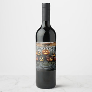 Creepy Halloween Jack-o'-Lanternor med Spindelnät Vinflaska Etikett