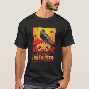 Creepy Halloween Pumpkin Head med Kråka T Shirt