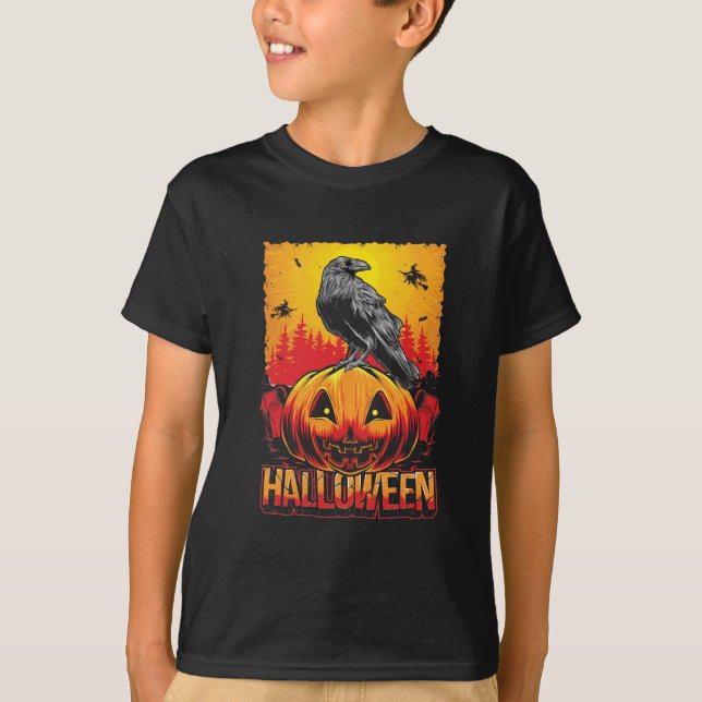 Creepy Halloween Pumpkin Head med Kråka T Shirt (Framsida)