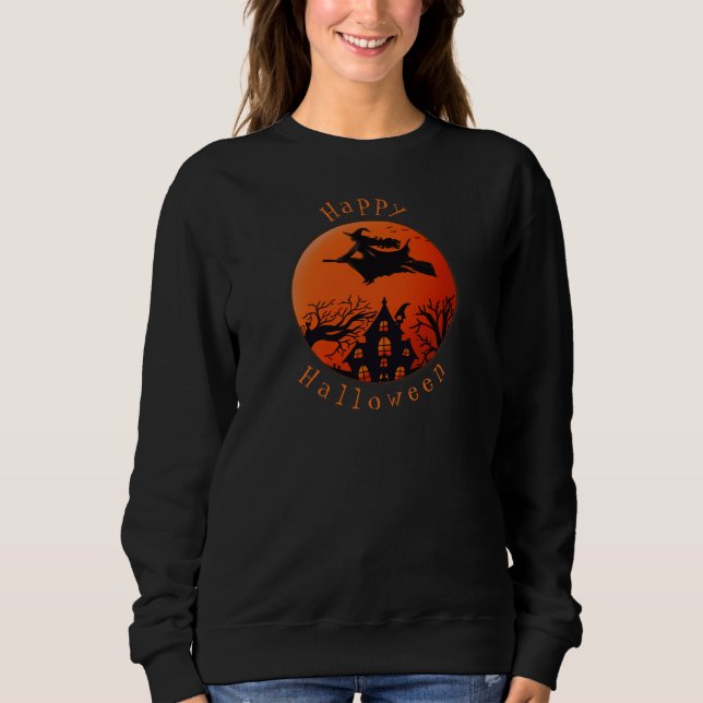 Creepy Halloween Scene Witch & Haunted House T Shirt (Framsida)