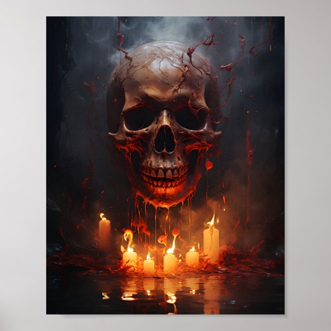 Creepy Halloween Skull med flamma i Mörken Poster (Framsidan)